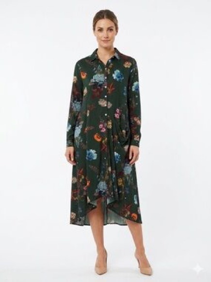 Dark Green Floral Long-Sleeve Button Midi Dress